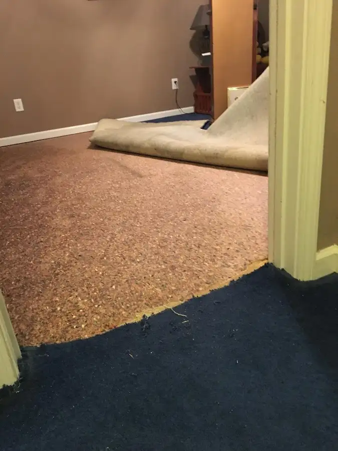 Carpet pad removal revealing water damage during Water Mitigation Services in Morgan Hill